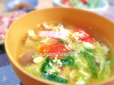 彩りキレイ♡超特急♡三つ葉とトマトのかきたまスープ